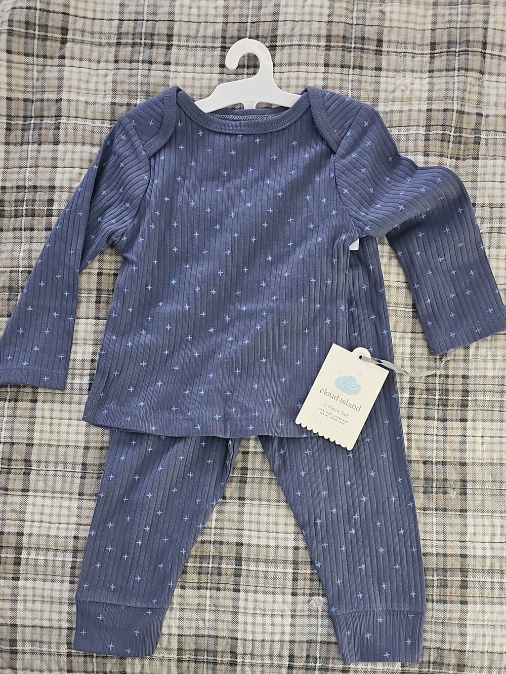 cloud island Navy Blue Ribbed Kids Pajama Set with Light Blue Cross Print